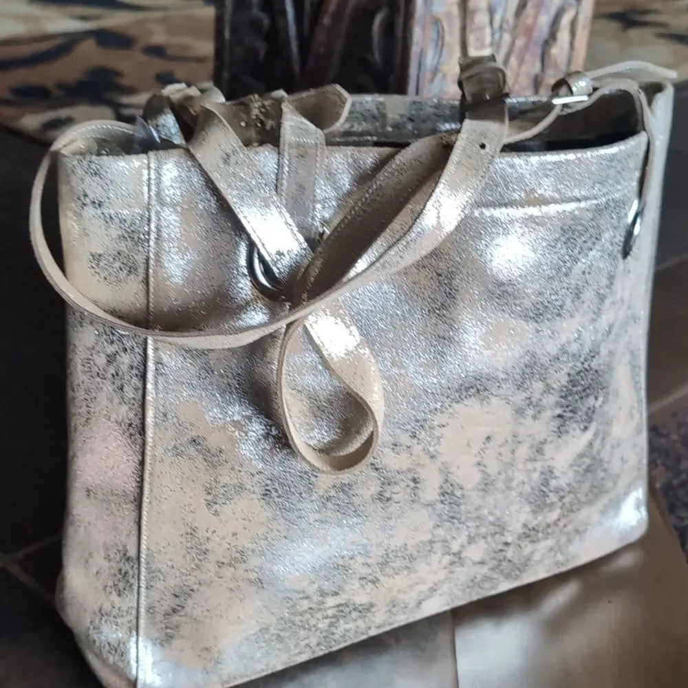 CoFi ERIN Metallic Suede XL Leather Tote Double Adj Handles In Platinum NWOT